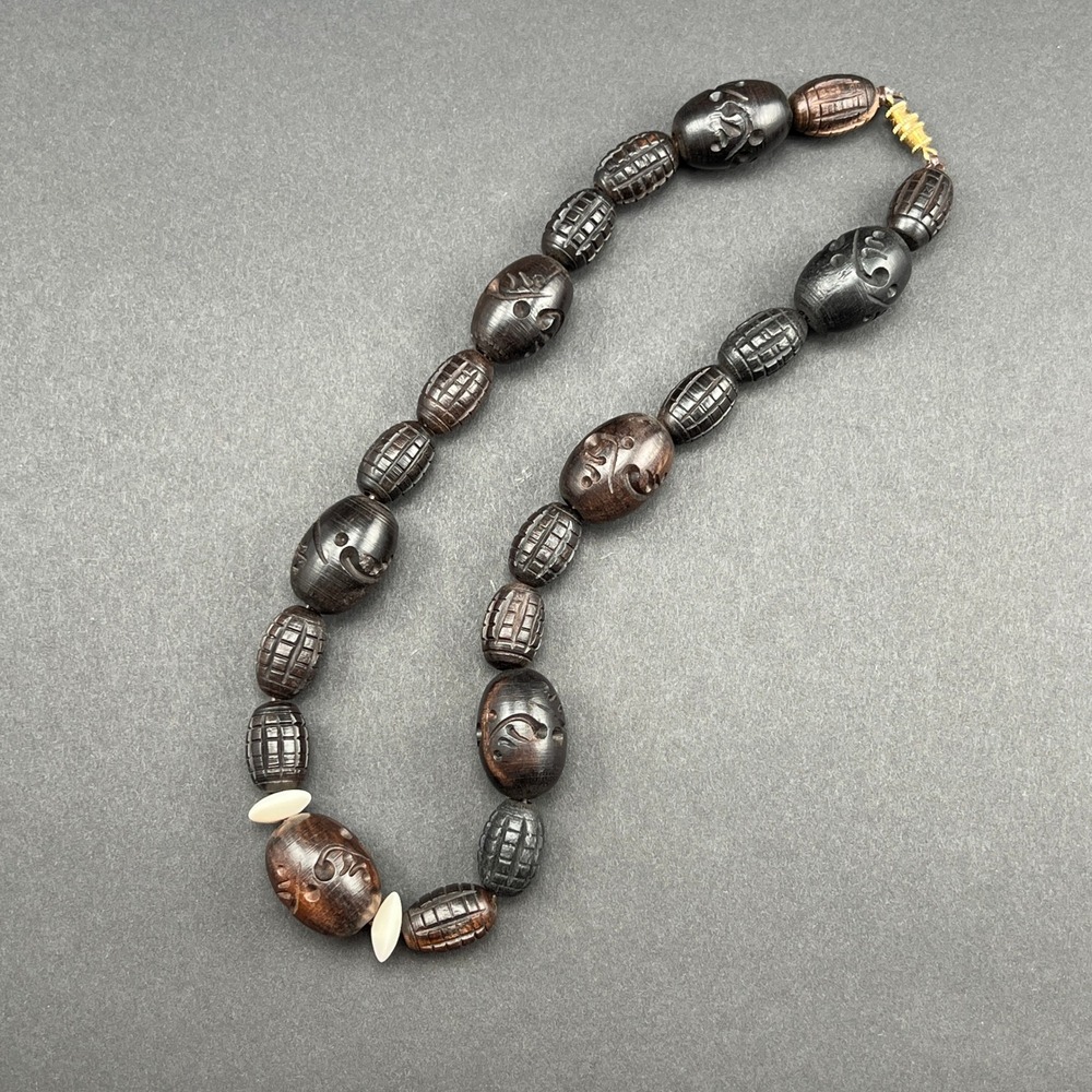 Vintage Beaded Necklace Hand Carved Wood Brown Tribal Boho 17" - Picture 5 of 9